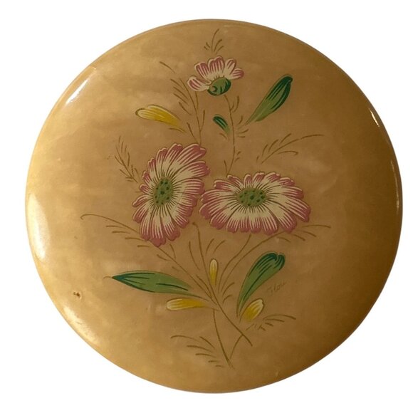 Vintage Italian Alabaster Trinket Box With Floral Design & Hinged Lid - Picture 2 of 8